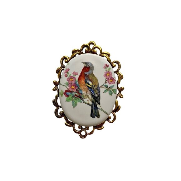 Bird on Broach Hand Painted on Porcelain Pin with Ornate Frame Vintage Gift